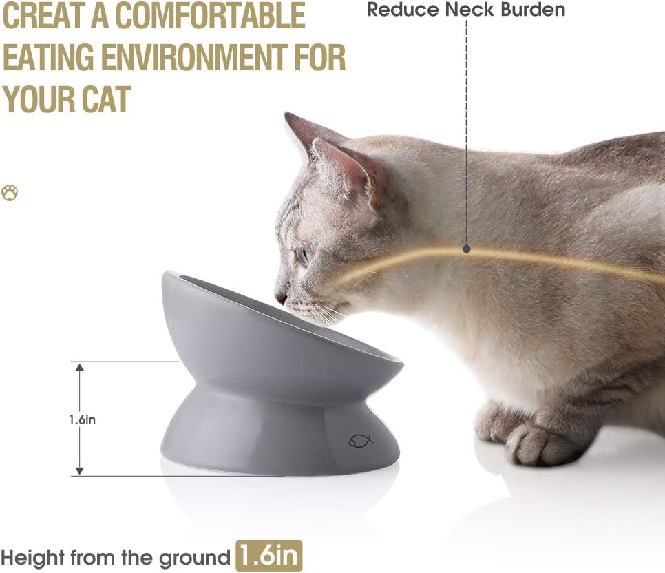 Ceramic Raised Cat Bowls, Slanted Cat Dish Food or Water Bowls, Elevated Porcelain Pet Feeder Bowl Protect Cat'S Spine, Stress Free, Backflow Prevention (Grey)