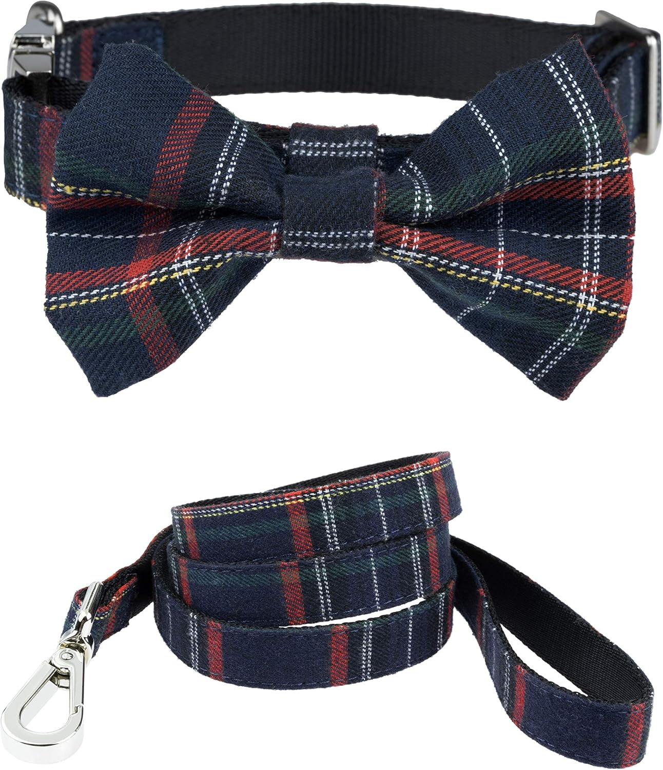 Scottish Tartan Bowtie Dog Collar & Leash Set with Detachable Bow Tie for Girl or Boy Dogs Comfortable Plaid Pattern, Fully Adjustable, Great Pet Gift