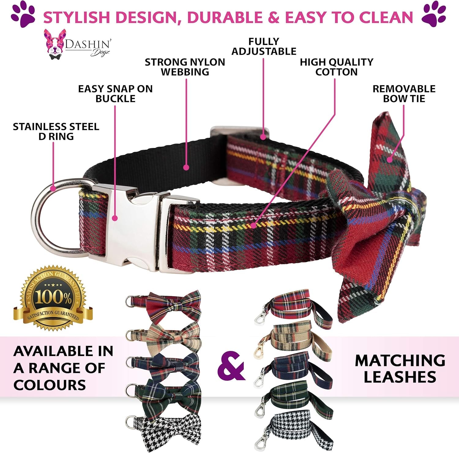 Scottish Tartan Bowtie Dog Collar & Leash Set with Detachable Bow Tie for Girl or Boy Dogs Comfortable Plaid Pattern, Fully Adjustable, Great Pet Gift