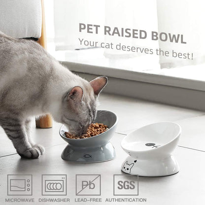 Ceramic Raised Cat Bowls, Slanted Cat Dish Food or Water Bowls, Elevated Porcelain Pet Feeder Bowl Protect Cat'S Spine, Stress Free, Backflow Prevention (Grey)